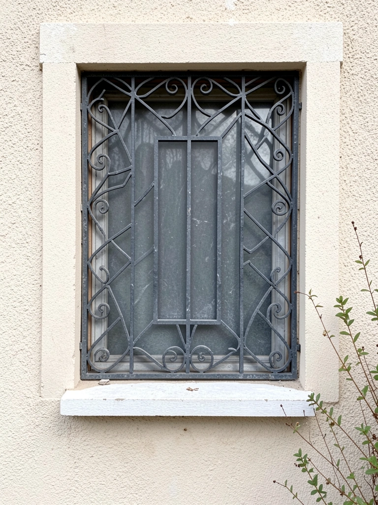 Fachada com grade geométrica em mosaico, formando padrão quadriculado de metal escuro.