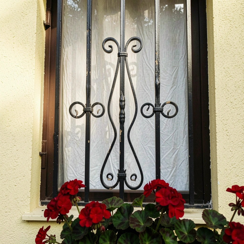 Grade de ferro forjado preta com ornamentos curvilíneos e pontas decorativas.