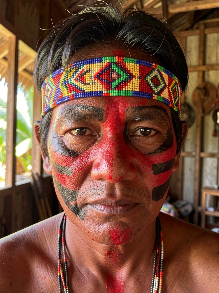 Indígena com pintura facial vermelha e preta, faixa de miçangas geométricas, luz natural filtrada por janela.
