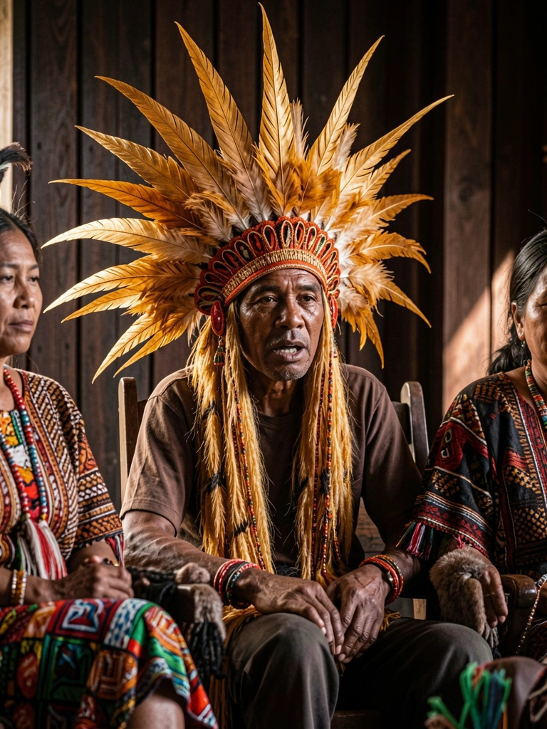 Close de homem indígena com cocar de plumas douradas, falando ao lado de mulher de saia colorida, fundo de madeira escura e luz natural suave.