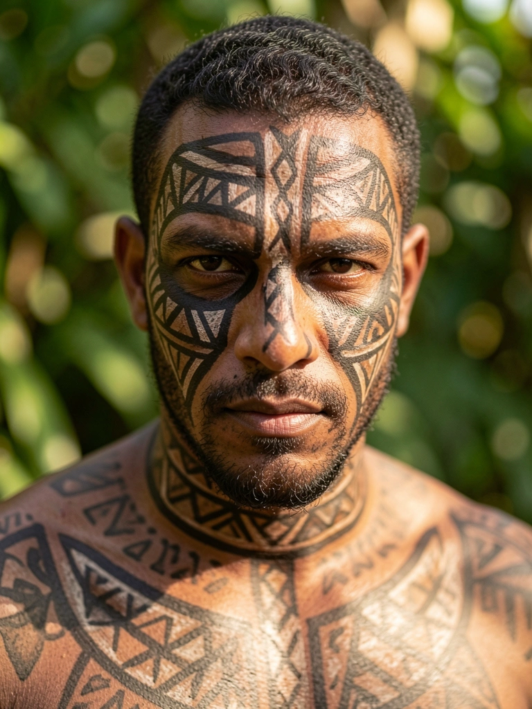 Homem com pintura facial tribal geométrica detalhada no rosto e peito, olhar intenso, fundo verde desfocado com luz natural.