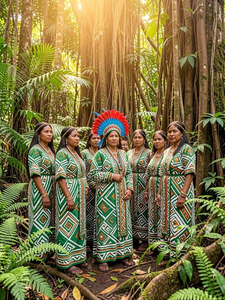 Mulheres indígenas com vestidos verdes, brancos e laranja de padrões geométricos, uma com cocar de penas vermelhas e azuis, em meio a floresta densa com luz filtrada pelo dossel.