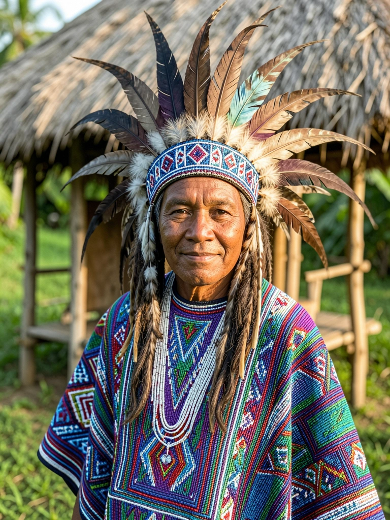 Homem indígena com poncho de miçangas coloridas e cocar de penas, olhando para a câmera em paisagem tropical com cabana de palha ao fundo.