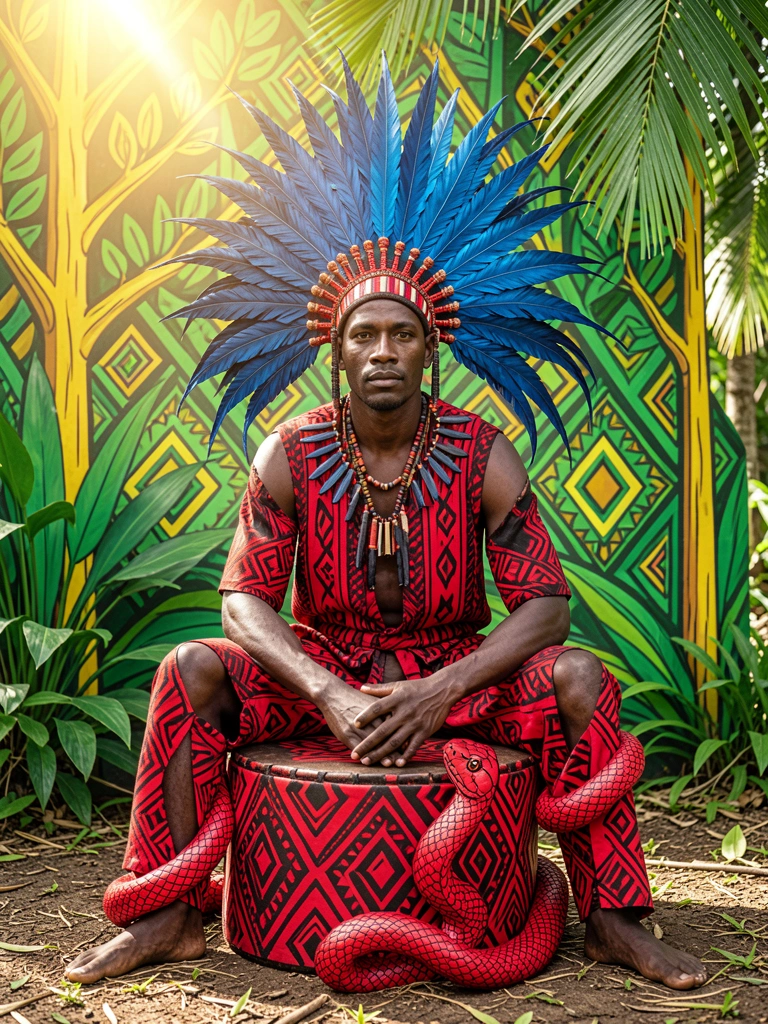 Homem indígena de pele escura com cocar azul e roupa vermelha e preta, sentado sobre tambor, cobra vermelha enrolada, fundo de selva geométrica verde e amarela, luz natural tropical.