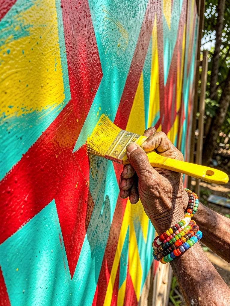 Mão envelhecida com pulseira colorida segurando pincel amarelo sobre mural geométrico em vermelho, turquesa e amarelo, luz solar filtrada por folhagens.