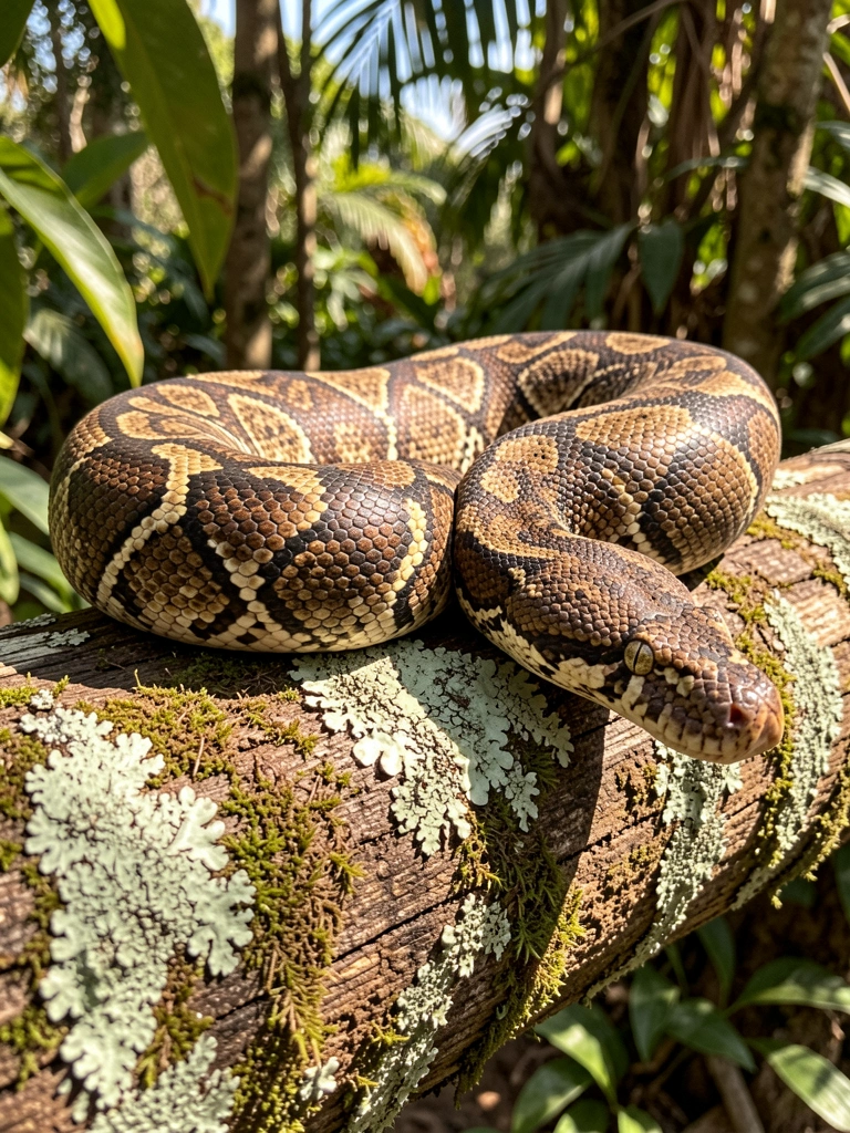 Boa constrictor com padrões marrons e pretos sobre tronco texturizado com musgo, luz natural filtrada por folhagens.