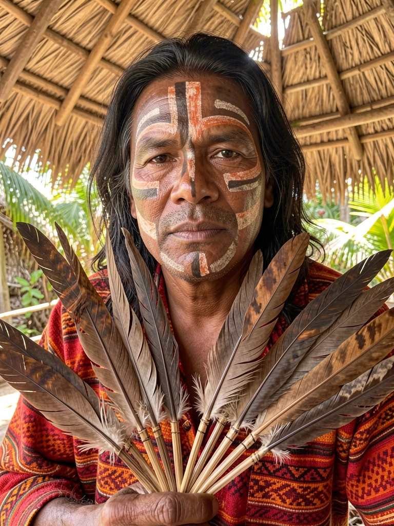 Retrato de indígena com pintura facial intrincada, camisa listrada vermelha e laranja, leque de penas decorativo, luz natural filtrada por palha.