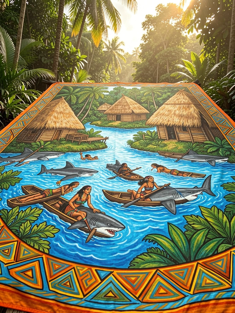 Tecido pintado com cena amazônica vibrante: indígenas nadam com tubarões e canoas, ocas e folhagens ao fundo, borda geométrica em laranja, amarelo e azul.