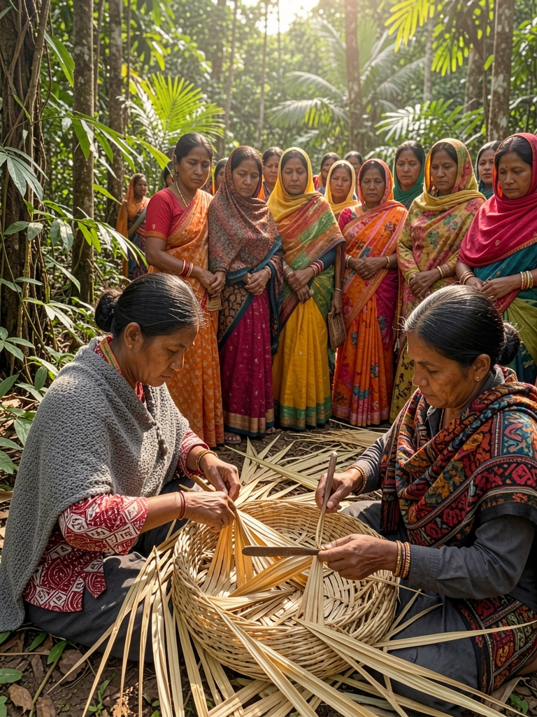 Duas mulheres indígenas tecendo cestos com folhas de palmeira secas, uma com xale cinza e camisa vermelha e branca, a outra com xale colorido e camisa cinza escura, floresta tropical com luz filtrada ao fundo.