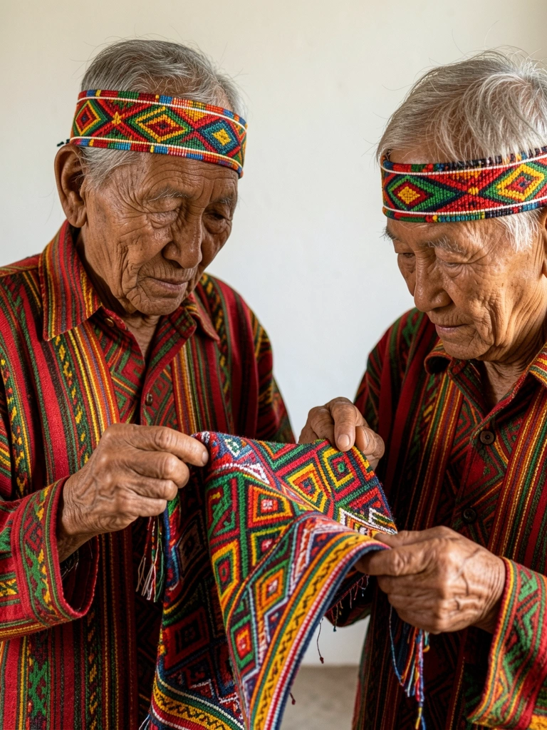 Mãos enrugadas de idosos indígenas seguindo tecidos coloridos com padrões diamantados, colares de miçangas geométricas, luz natural suave.