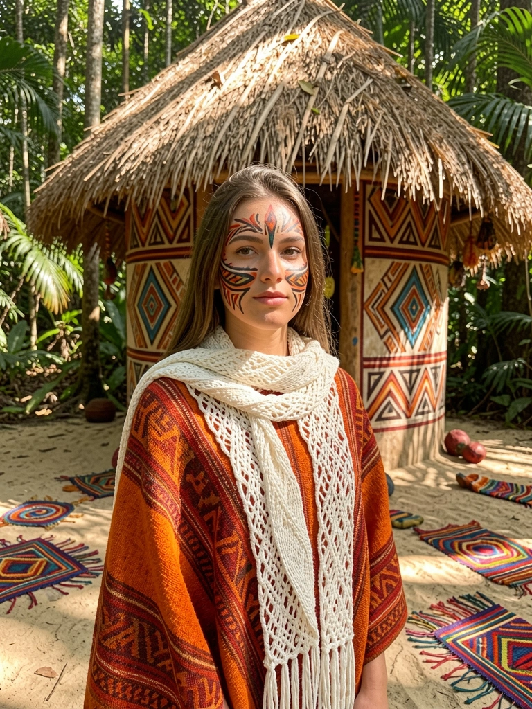 Jovem com pintura facial Huni Kui e poncho laranja e branco em frente a estrutura com desenhos geométricos e teto de palha, floresta ao fundo com luz natural.