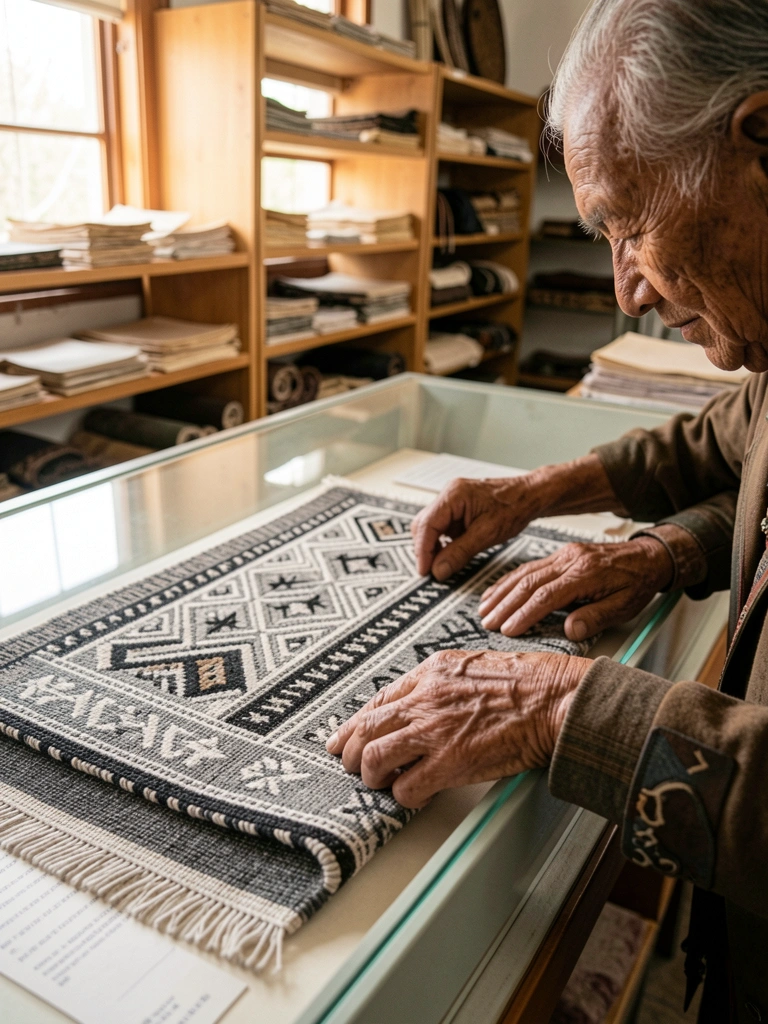 Mãos de ancião indígena ajustam manta geométrica em preto e branco sobre vitrine de museu, com prateleiras de artefatos ao fundo e luz natural suave.