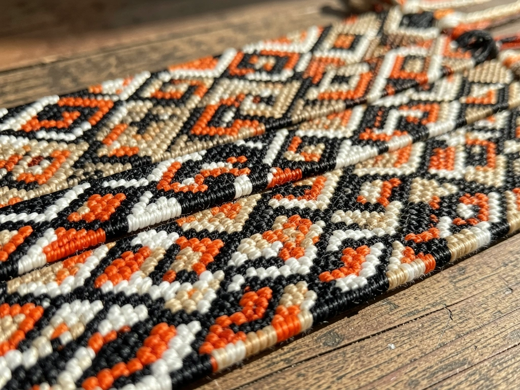 Quatro pulseiras artesanais com padrão geométrico em diamante nas cores preto, branco, laranja e bege, sobre madeira rústica, em macro com luz natural.