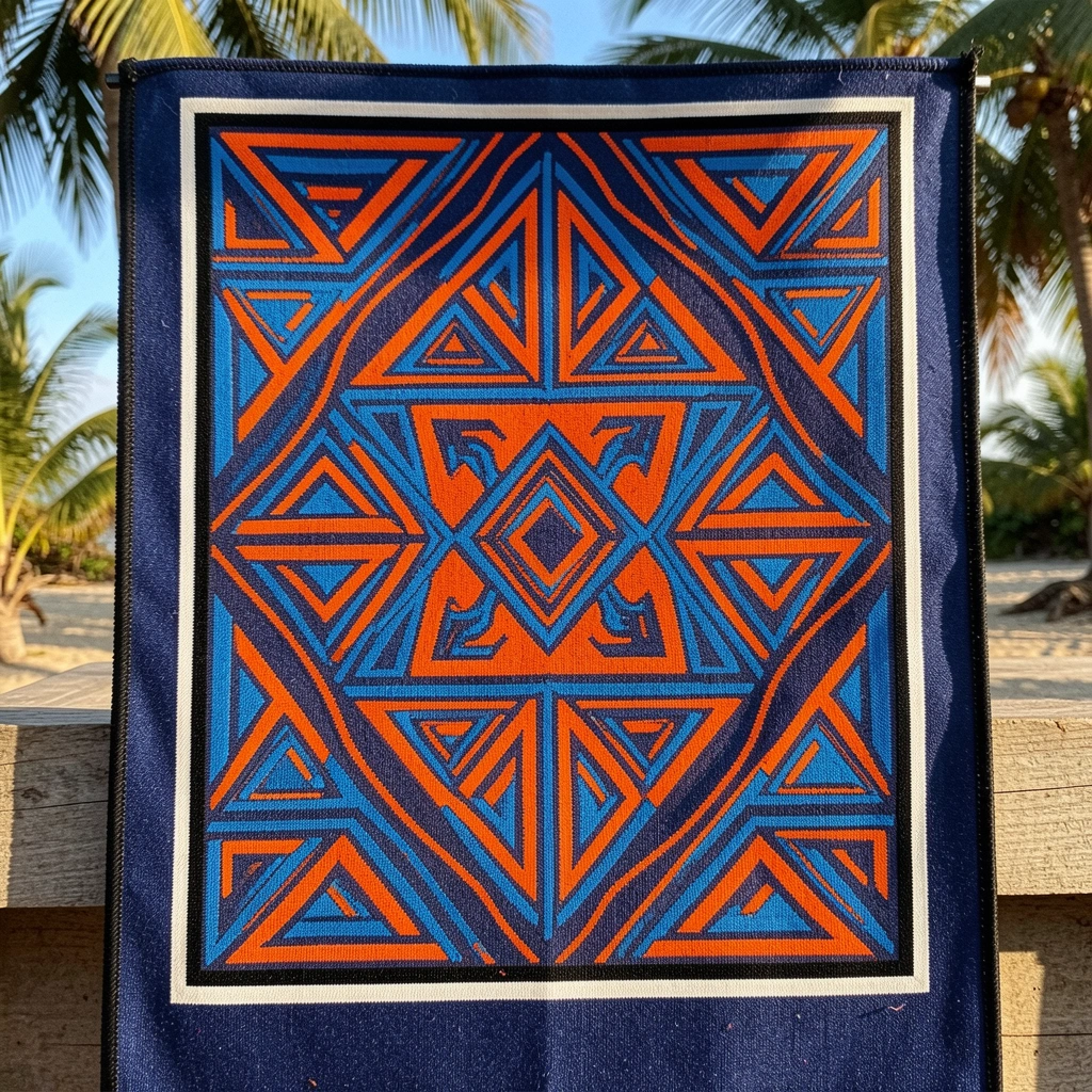 Padrão geométrico vibrante com linhas laranja e azul formando triângulos e curvas sobre fundo azul escuro, moldura preta e branca, luz natural tropical.