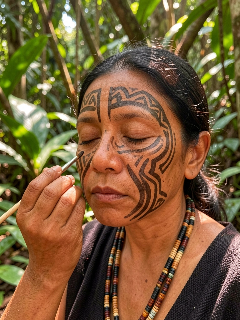 Mulher indígena com pintura facial tribal sendo aplicada com pincel, colar de contas, luz natural filtrada pela floresta.