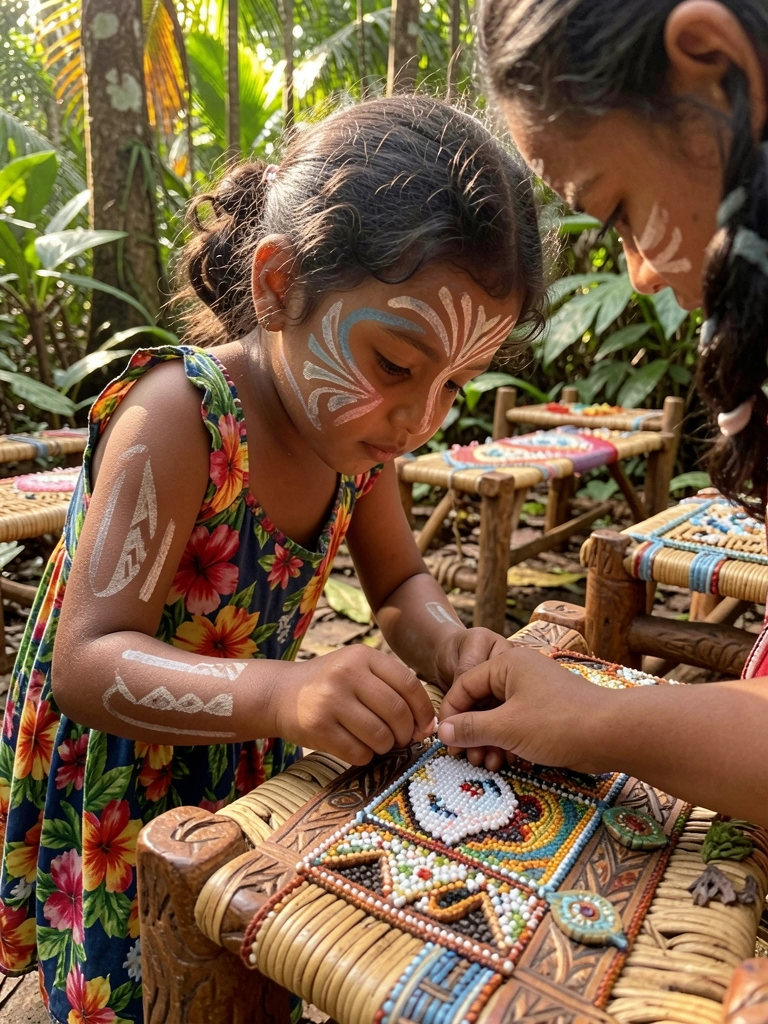 Jovem indígena com pinturas faciais e vestido floral aplica miçanga em banco ritual entalhado, luz natural filtrada por folhagens.
