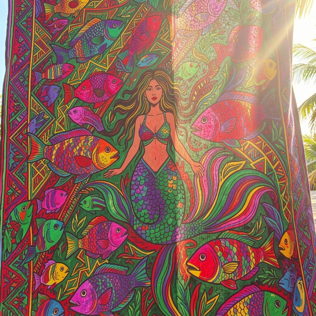 Padrão têxtil vibrante com peixes estilizados, formas geométricas e figura feminina com cauda de sereia, em vermelho, verde, roxo, amarelo e azul, sob luz natural tropical.