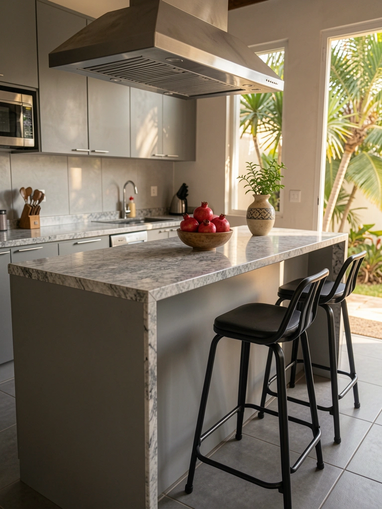 Bancada de mármore cinza com granulado, coifa de aço inox, banco de metal preto e tigela de romãs, luz natural difusa.