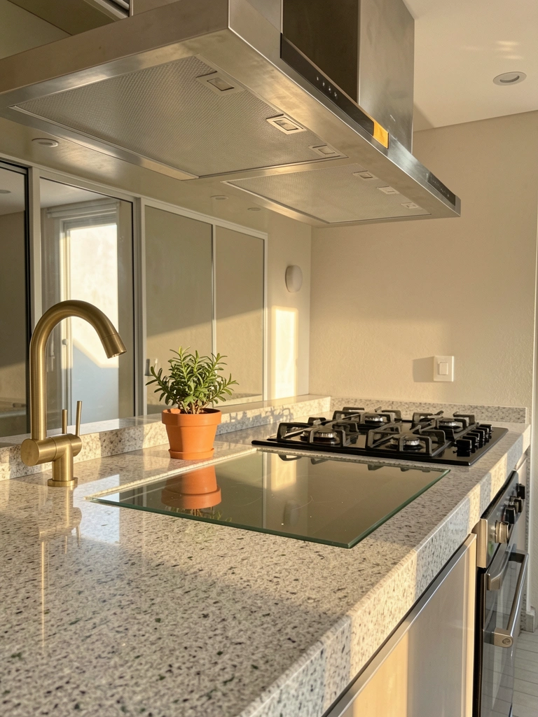Luz natural incide sobre bancada de granito cinza claro com cooktop preto e coifa de aço inox, torneira dourada e vaso de planta em painel de vidro.