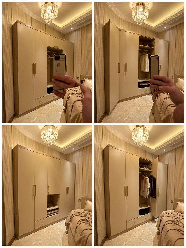 Colagem de quatro fotos de guarda-roupas planejados para casal, com diferentes layouts e acabamentos.