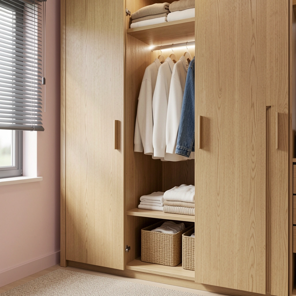 Close em guarda-roupa de carvalho com puxadores embutidos e luz LED interna.
