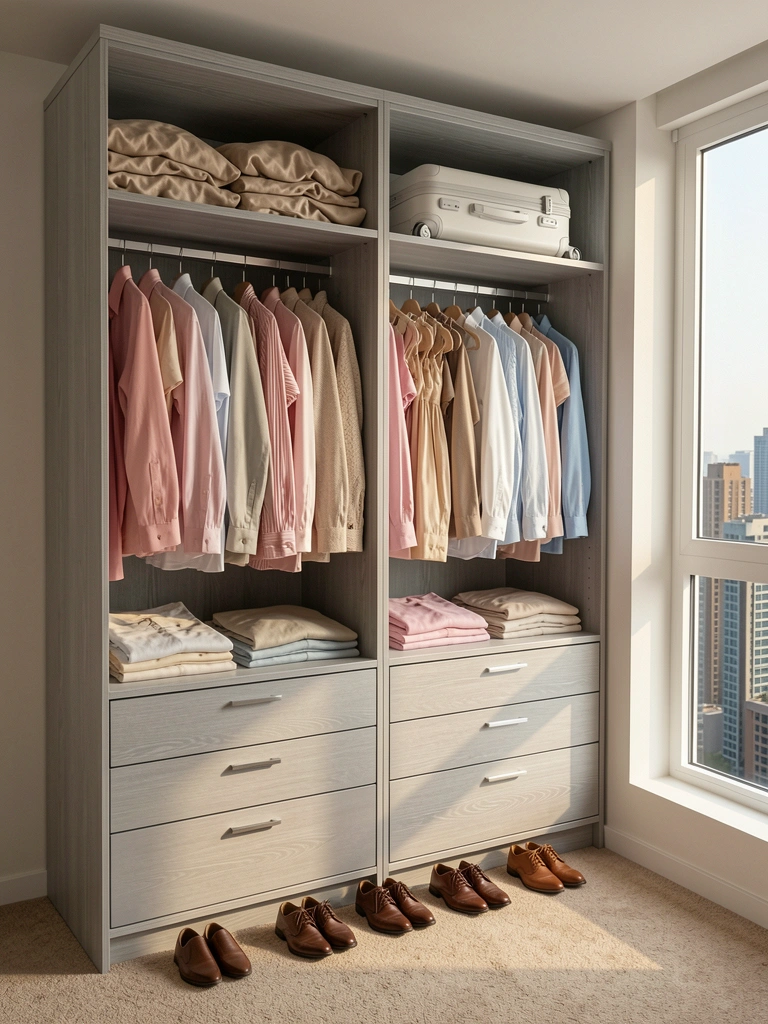 Dois guarda-roupas de larguras diferentes instalados em quartos, um ao lado do outro para comparação.