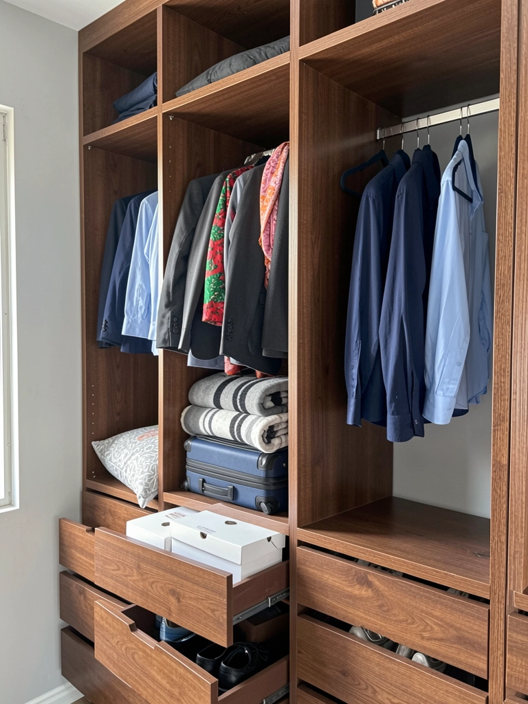 Guarda-roupa de canto com prateleiras inclinadas e varão para cabides.