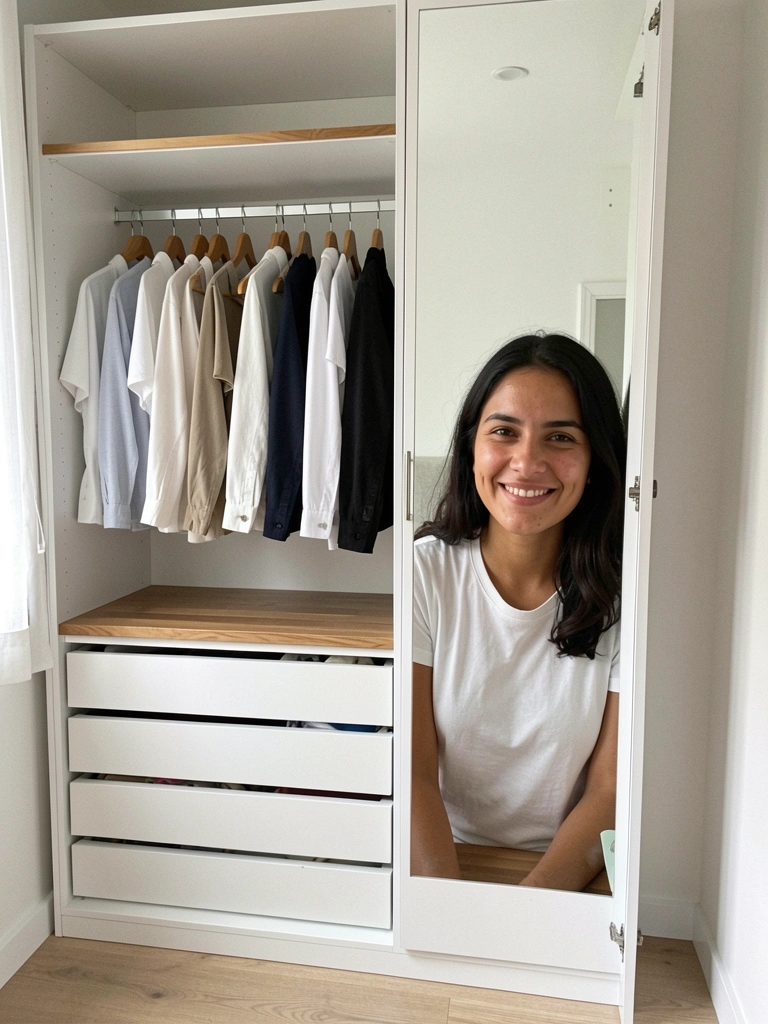 Interior de guarda-roupa planejado com gavetas, prateleiras e cabides organizados.