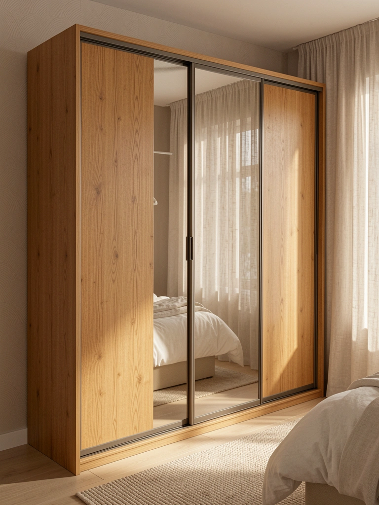 Armário de madeira honey-toned com portas de vidro deslizantes e espelho refletindo cama branca e cortina leve, luz natural difusa.