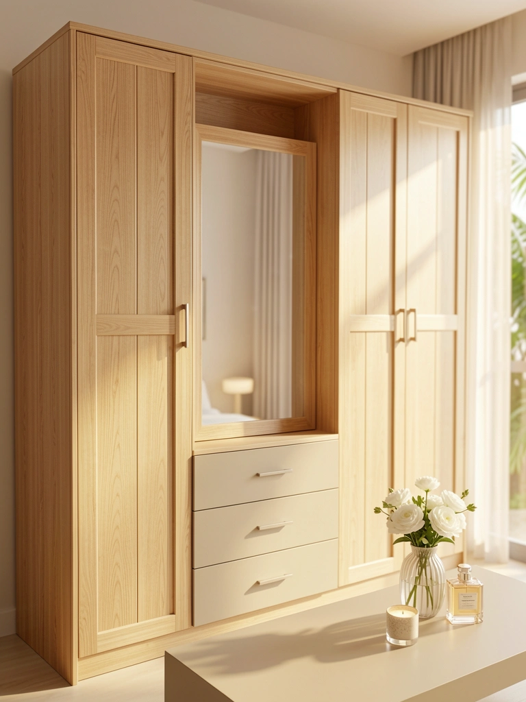 Luz natural incide sobre guarda-roupa de madeira clara com portas paineladas, gavetas bege e espelho embutido, vaso com flores brancas e frasco de perfume sobre superfície clara.