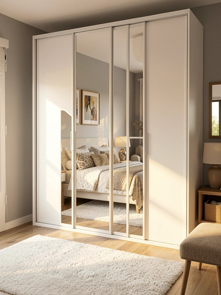 Luz natural incide sobre guarda-roupa branco com portas espelhadas que refletem cama com colcha estampada e tapete felpudo.