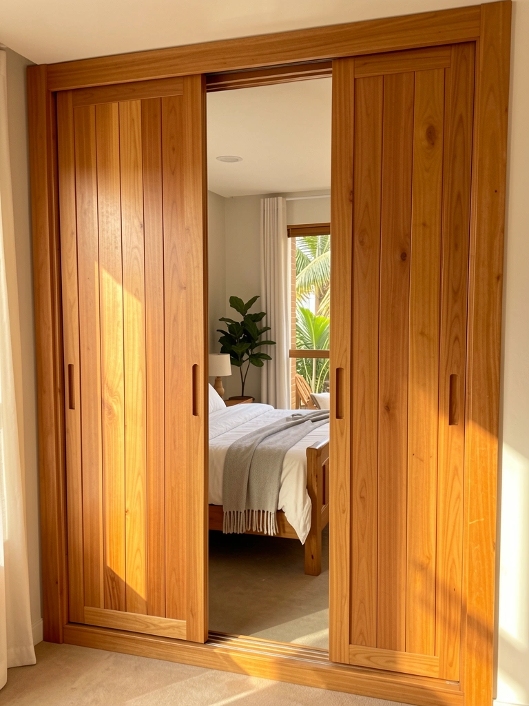 Guarda-roupa de madeira com portas de correr e espelho refletindo quarto com cama de madeira, roupa de cama branca e planta, luz natural suave.