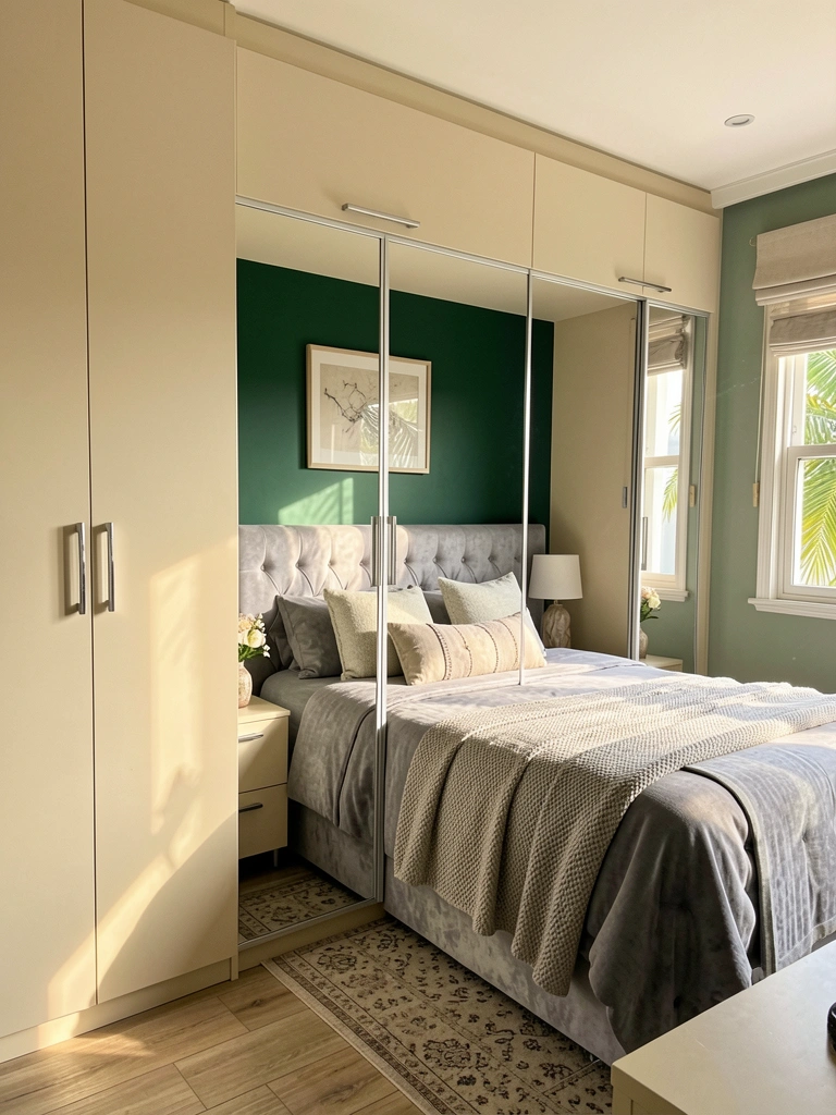 Guarda-roupa bege com portas espelhadas, cama cinza com manta texturizada e parede verde escura ao fundo, luz natural entrando pela janela.