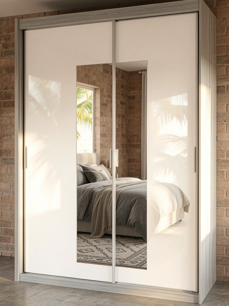 Luz natural filtra por janela refletindo no espelho de guarda-roupa branco com moldura cinza claro, cama cinza e tapete estampado ao fundo.