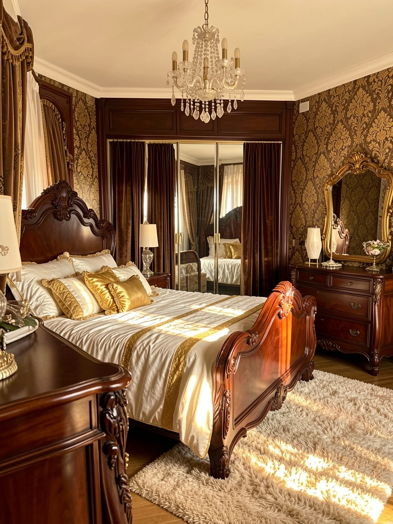 Cama de mogno entalhada com edredom branco e detalhes dourados, guarda-roupa espelhado com cortinas de veludo ao fundo e lustre de cristal pendente, luz natural dourada entrando pela janela.