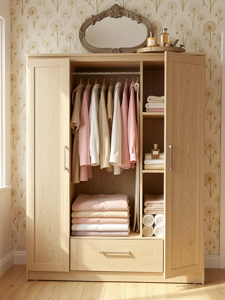 Guarda-roupa de madeira clara com portas detalhadas, roupas dobradas em tons pastel, prateleiras com toalhas e frasco de perfume, espelho decorativo pendurado acima, luz natural suave e papel de parede com dentes-de-leão.