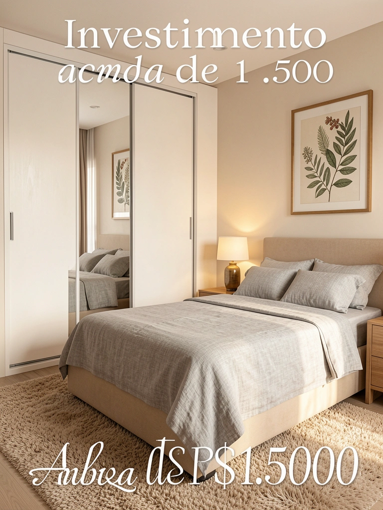 Armário branco de correr com porta-espelho ao lado de cama bege com roupa de cama cinza, luminária sobre criado-mudo e gravura botânica na parede, luz natural suave.