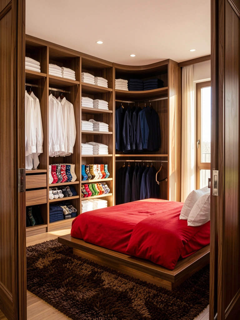 Prateleiras de madeira do chão ao teto com camisas brancas dobradas, meias coloridas e camisas azuis penduradas, tapete felpudo marrom, cama com edredom vermelho e luz natural entrando pela janela.