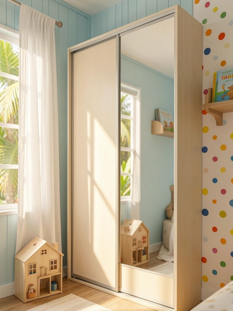 Armário deslizante com porta espelhada em quarto infantil, parede com bolinhas coloridas, prateleira com livros e casa de brinquedo de madeira sob luz natural.