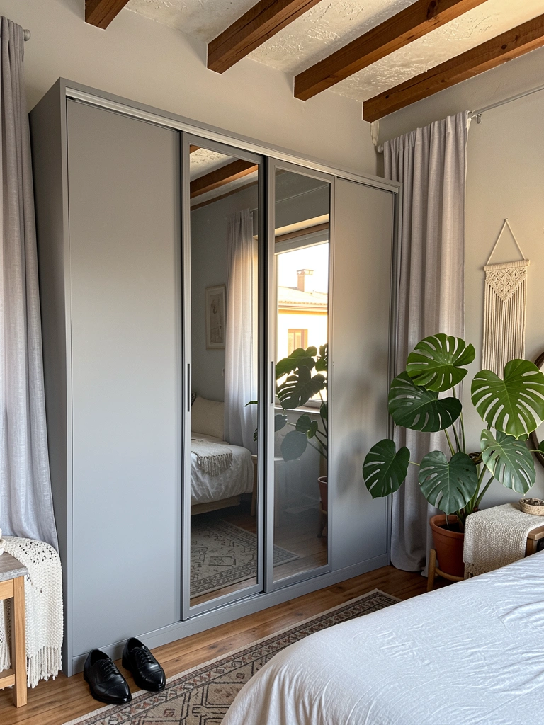 Luz natural incide sobre guarda-roupa cinza com portas de vidro refletindo quarto, cama com planta tropical e tapete padronizado.