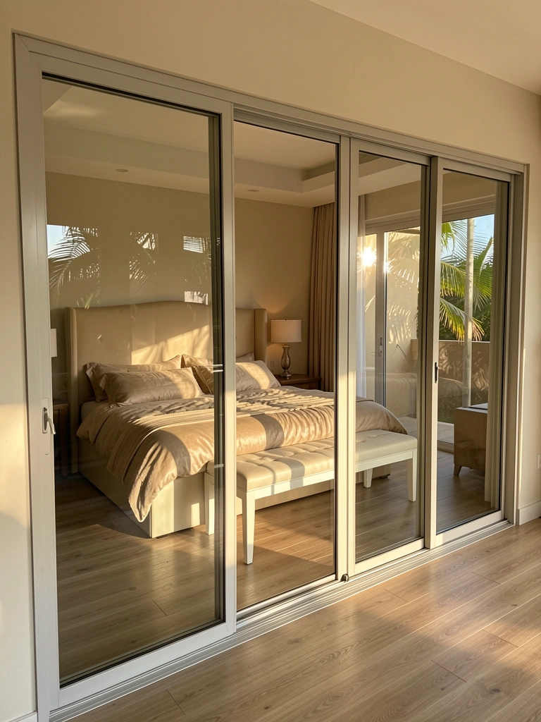 Três portas de vidro refletem cama com cabeceira bege e roupa de cama fofa, banco branco e piso de madeira clara sob luz natural.