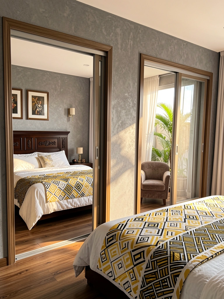 Portas de correr espelhadas refletem o quarto com cama branca, manta geométrica amarela e preta, parede texturizada cinza e piso de madeira.