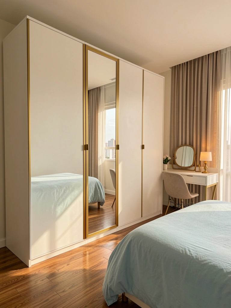 Guarda-roupa branco com portas espelhadas douradas reflete a cama com edredom azul claro e uma escrivaninha com luminária, luz natural entrando pela janela.
