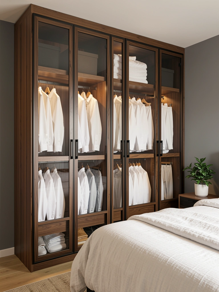 Armários de madeira escura com portas de vidro, camisa branca pendurada, cama com edredom claro e vaso de planta sobre mesinha, sob luz natural.