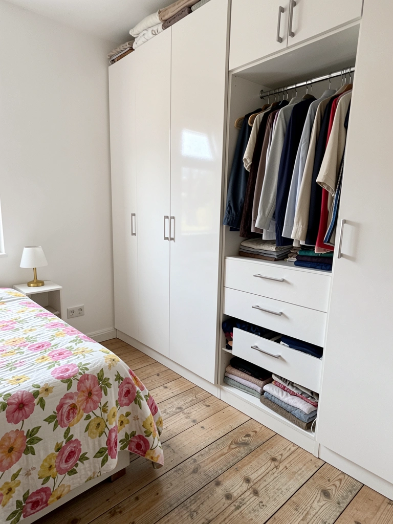 Guarda-roupa de madeira com portas de correr em quarto com cama e iluminação suave.