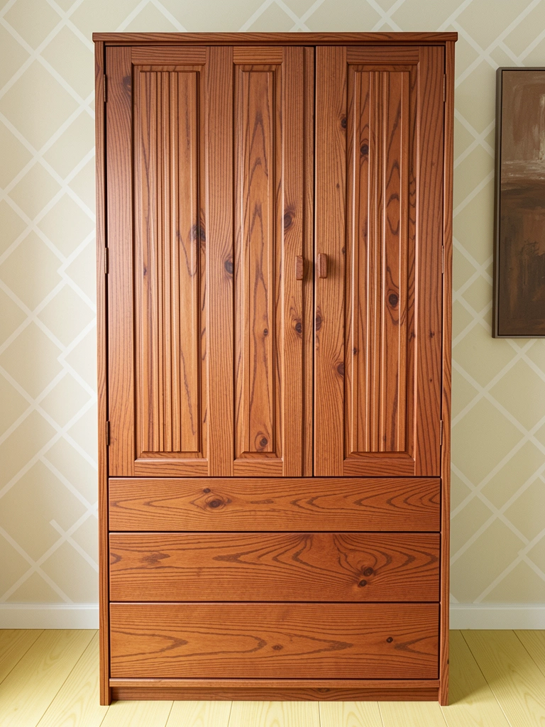 Detalhe de guarda-roupa de madeira maciça com acabamento resistente e superfície lisa.