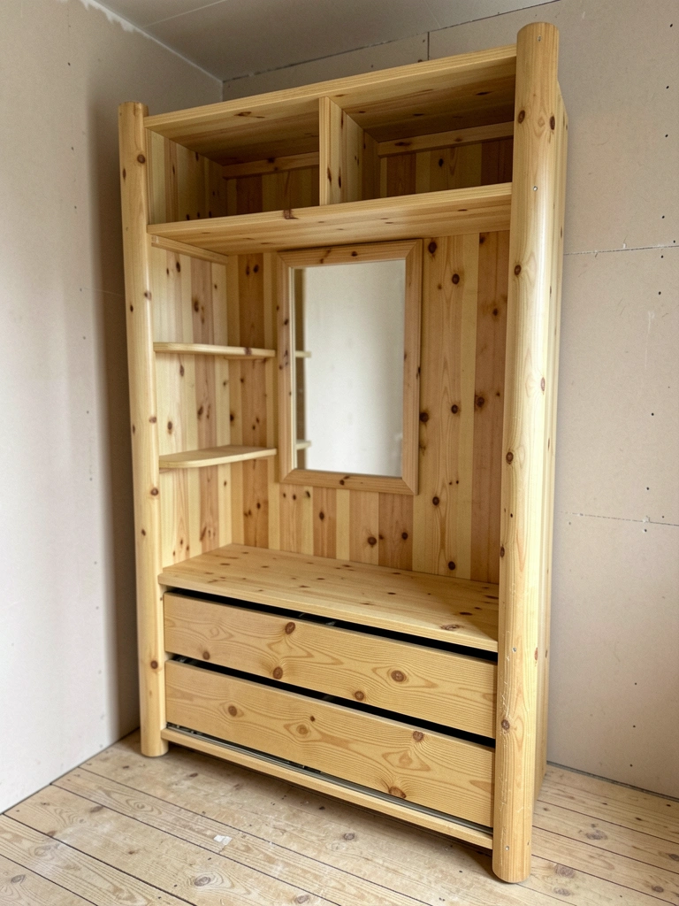 Interior de guarda-roupa com gavetas corrediças, prateleiras e espelho interno.