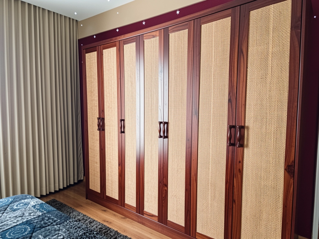 Guarda-roupa com portas de palha natural e puxadores de madeira torneada em ambiente claro.