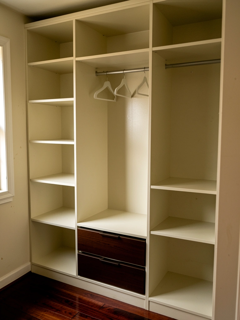Guarda-roupa MDF off white com portas lisas e puxadores discretos, iluminação suave destacando o acabamento acetinado.
