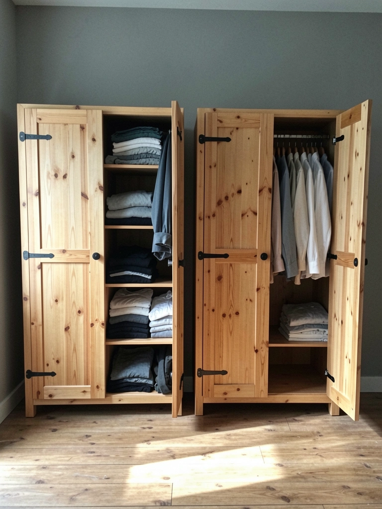 Guarda-roupa de 3 portas e guarda-roupa de 6 portas lado a lado, com roupas penduradas e dobradas visíveis.